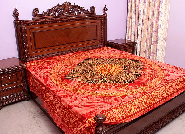 Coral Batik Bedspread with Printed Motifs