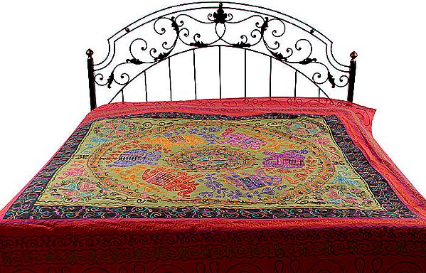 Green Gujarati Bedspread with Sequins and Six Appliqué Elephants
