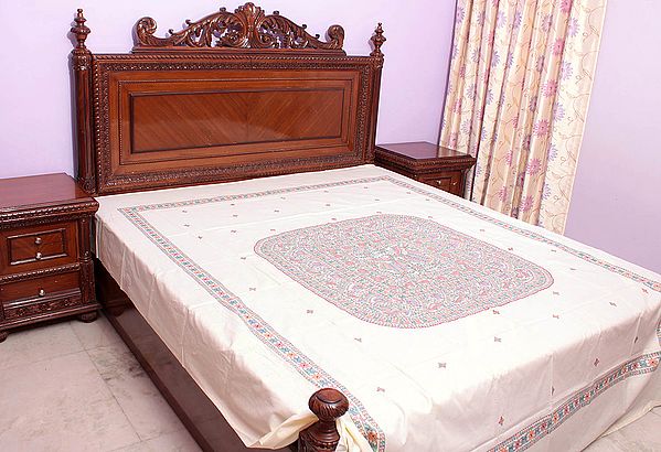 Cream Hand-Painted Folk Bedspread from Madhubani