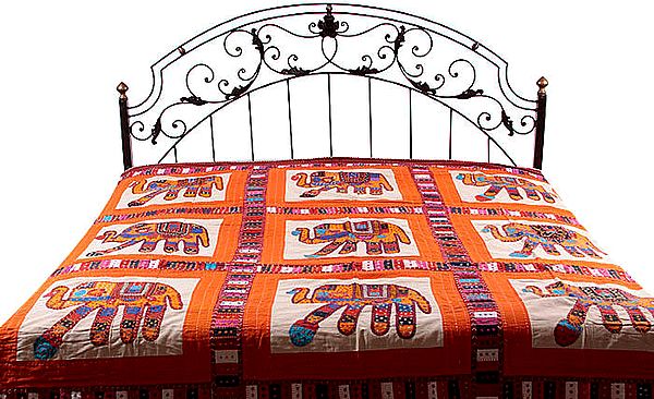 Orange Kutch Embroidered Bedspread with Appliqué Elephants