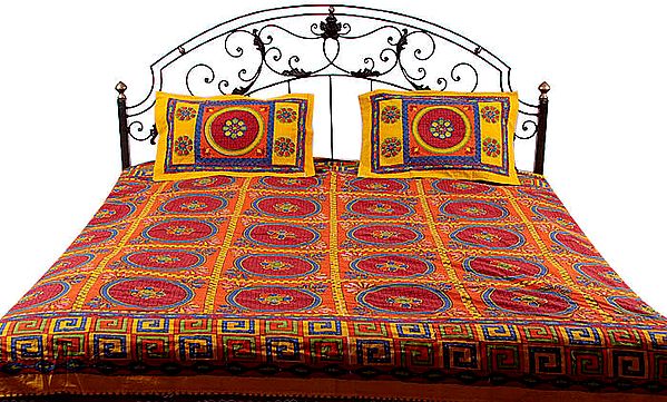 Multi-Color Kantha Stitch Bedspread with Printed Mandalas