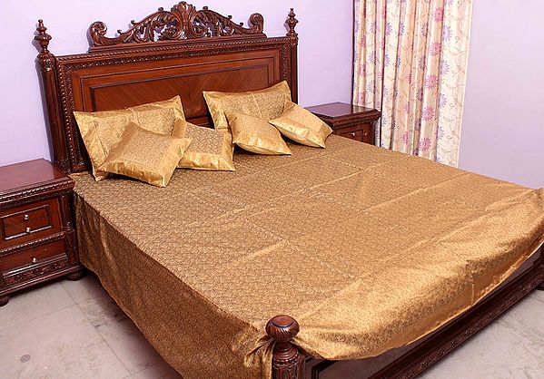 Cream Tanchoi Bedcover from Banaras with All-Over Weave