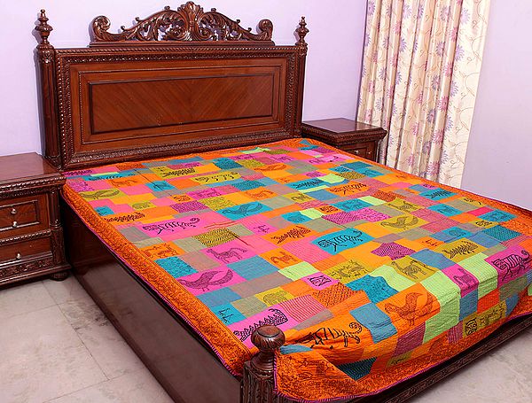 Multi-Color Printed Patchwork Bedcover from Ranthambore with Kantha Embroidery