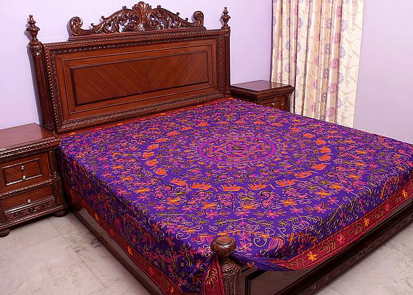 Purple Gujarati Bedspread with A Chakravyuh of Elephants