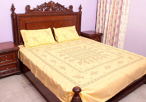 Chikan Hand-Embroidered Pale-Yellow Bedspread from Lucknow