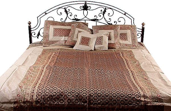 Ivory and Brown Seven-Piece Banarasi Bedcover with Brocade Weave