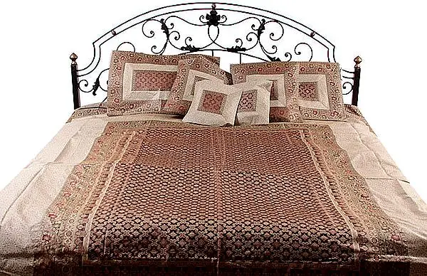 Ivory and Brown Seven-Piece Banarasi Bedcover with Brocade Weave