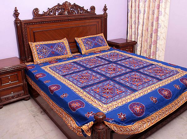 Royal-Blue Gujarati Bedspread with Hand-Embroidery All-Over
