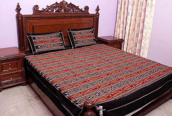 Black Bedspread with Ikat Weave Hand-Woven in Pochampally