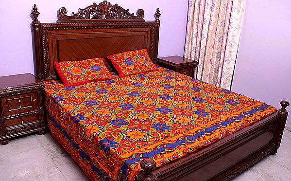 Multi-Color Kantha Stitch Bedspread with Printed Tassellations