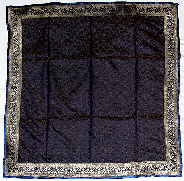 Midnight-Blue Tanchoi Table Cover from Banaras with All-Over Weave