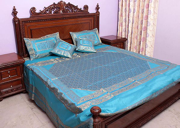 Turquoise Brocaded Bedcover from Banaras with All-Over Tanchoi Weave