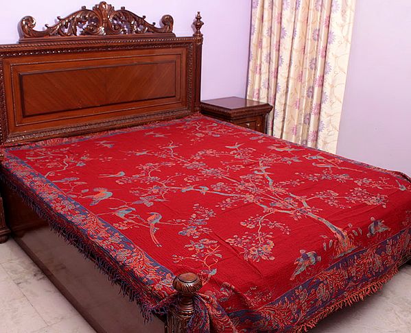 Red Double-Sided Jamawar Bedspread with Woven Tree of Life
