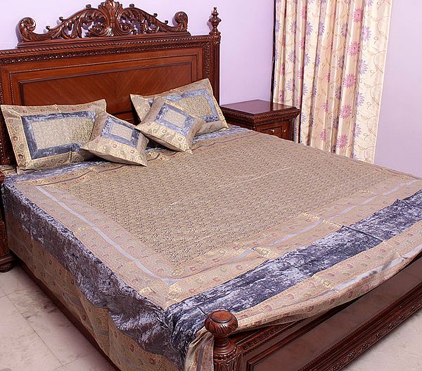 Gray Tanchoi Bedcover from Banaras with All-Over Woven Flowers