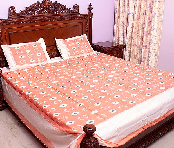 Orange Bedspread with Ikat Weave Hand-Woven in Pochampally