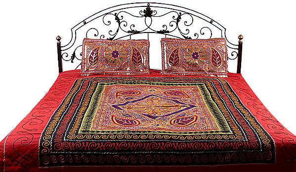 Multi-Color Gujarati Bedspread with All-Over Embroidery and Sequins