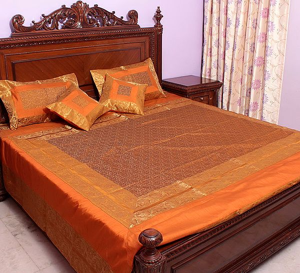 Mustard Tanchoi Bedcover from Banaras with All-Over Weave