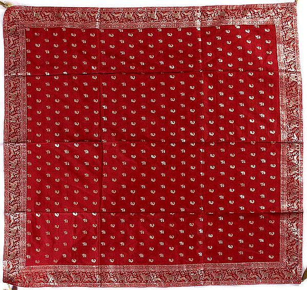Red Meenakari Table Cover from Banaras with Woven Elephants and Peacocks