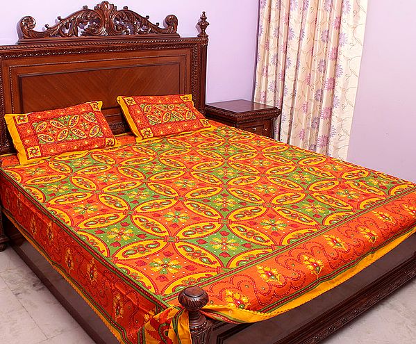 Orange and Green Kantha Stitch Bedspread with Printed Palms