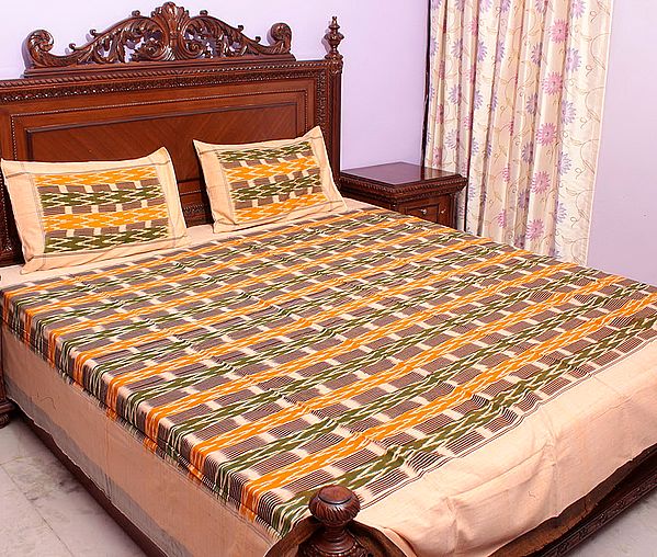 Tri-Color Bedspread with Ikat Weave Hand-Woven in Pochampally