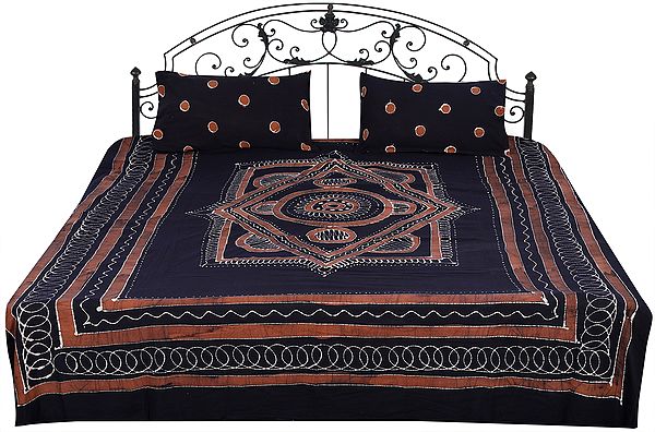 Turkish-Coffee Batik Bedspread with Printed Dots and Motifs