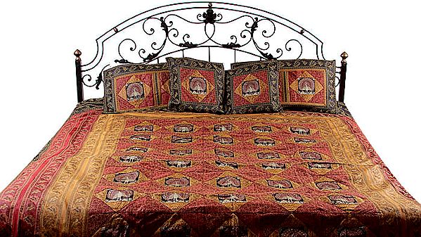 Tri-Color Seven-Piece Banarasi Bedcover with Woven Peacock