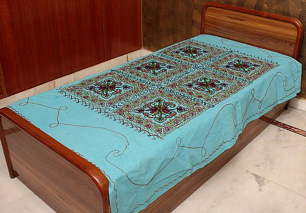 Azure-Blue Single-Bed Gujarati Bedspread with Embroidered Flowers