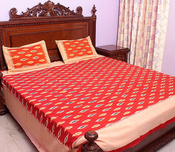 Scarlet Bedspread with Ikat Weave Hand-Woven in Pochampally