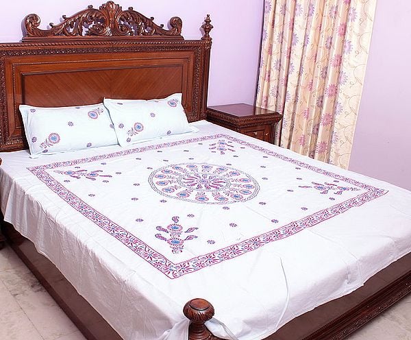 Powder-Blue Chikan Hand-Embroidered Pale-Yellow Bedspread from Lucknow