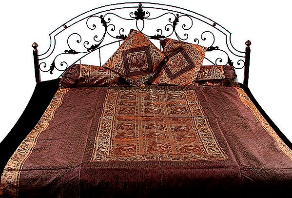 Cordovan and Rust Five-Piece Single-Bed Banarasi Bedcover with Tanchoi Weave