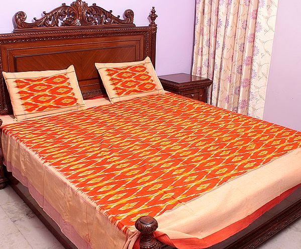 Orange and Amber Bedspread with Ikat Weave Hand-Woven in Pochampally