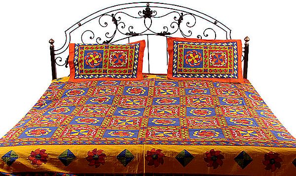 Multi-Color Kantha Stitch Sanganeri Printed Bedspread