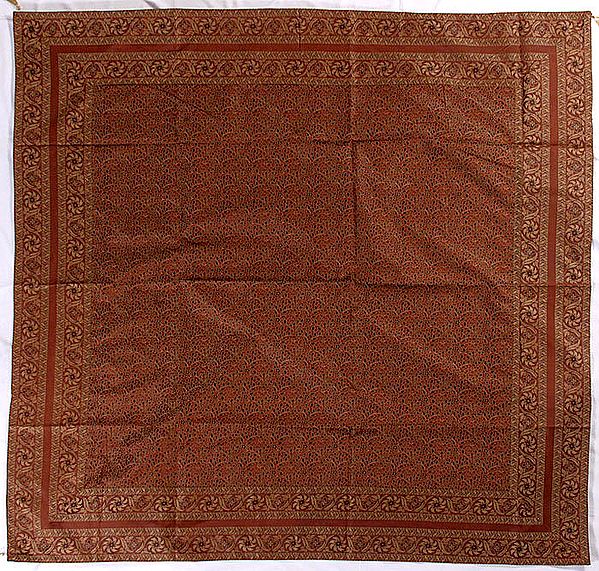 Brown Tanchoi Table Cover from Banaras with All-Over Weave