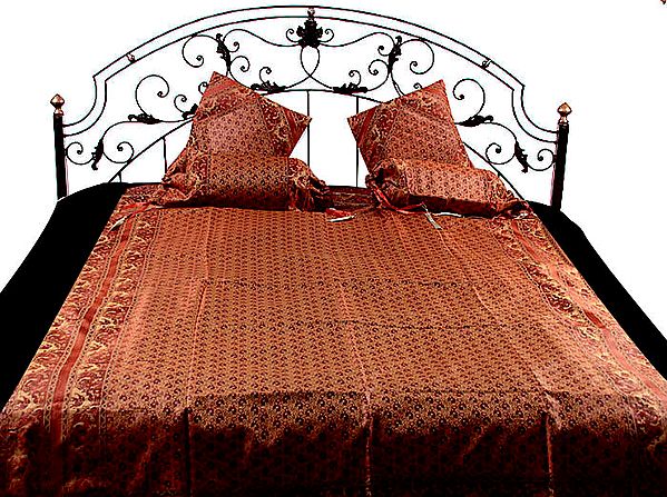 Rust Five-Piece Single-Bed Banarasi Bedcover with Tanchoi Weave