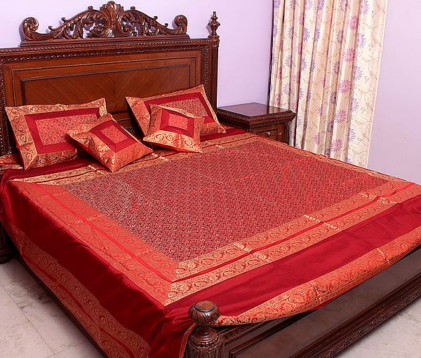 Red Tanchoi Bedcover from Banaras with All-Over Weave