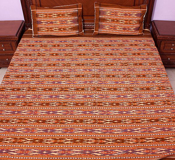 Brown Bedspread with Ikat Weave HandWoven in Pochampally