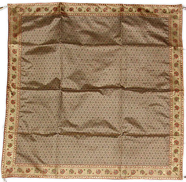 Beige Tanchoi Table Cover from Banaras with All-Over Weave and Floral Border