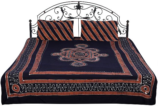 Jet-Black Batik Bedspread with Diagonal Strips and Printed Motifs