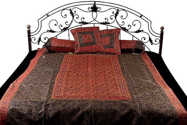 Black and Red Five-Piece Single-Bed Banarasi Bedcover with Tanchoi Weave