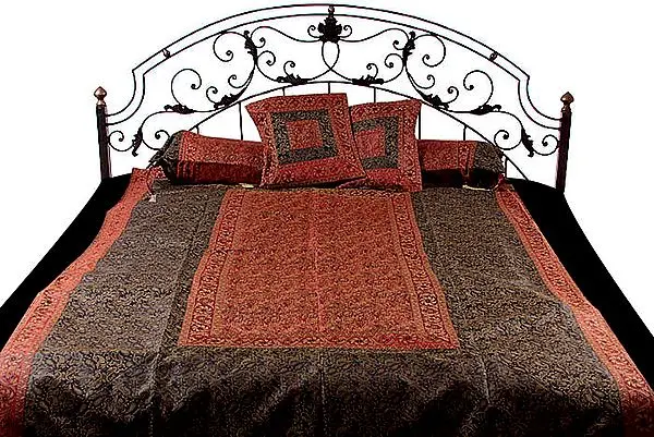 Black and Red Five-Piece Single-Bed Banarasi Bedcover with Tanchoi Weave