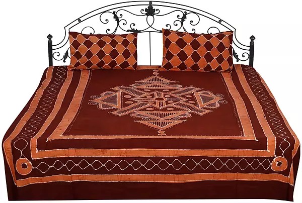 Batik Bedspread with Printed Checks and Motifs