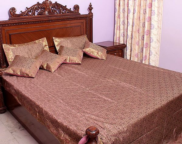 Chestnut Tanchoi Bedcover from Banaras with All-Over Weave