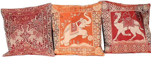 Lot of Three Cushion Covers from Banaras with Woven Elephant and Camel