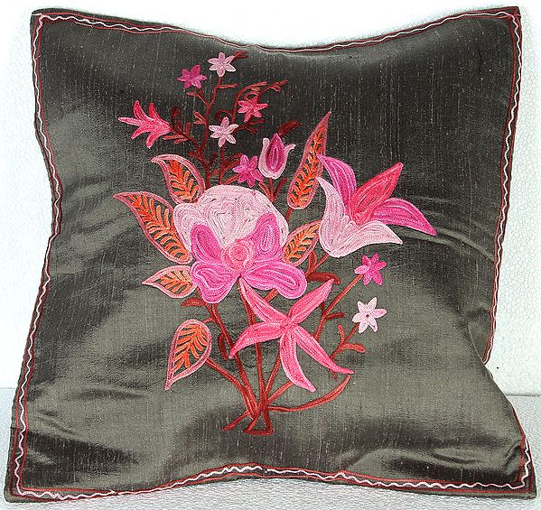 Dusty-Olive Cushion Cover from Kashmir with Ari Embroidered Flowers