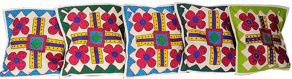 Lot of Five Gujarati Appliqué Cushion Cover with Embroidery and Mirrors