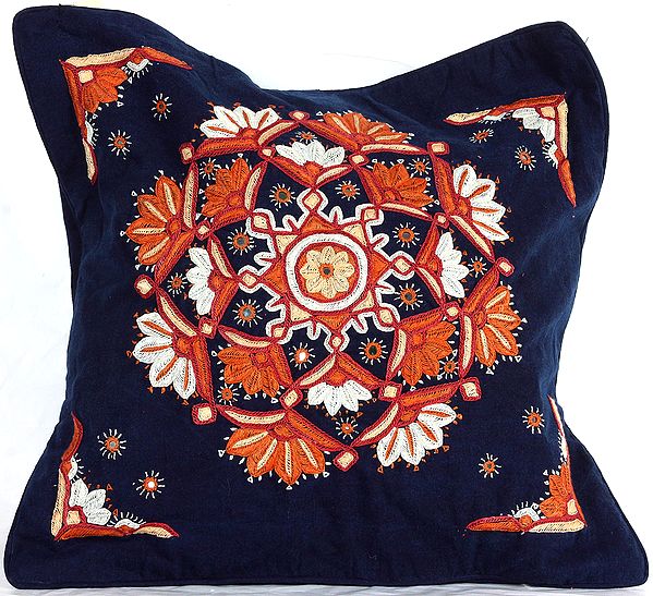 Navy-Blue Hand-Embroidered Paako Cushion Cover from Kutch with Mirrors