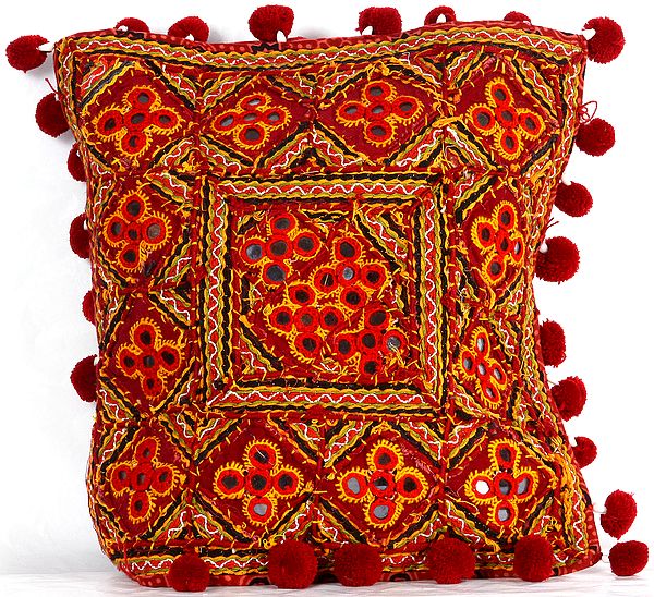 Maroon Cushion Cover from Kutch with Heavy-Embroidery and Mirrors