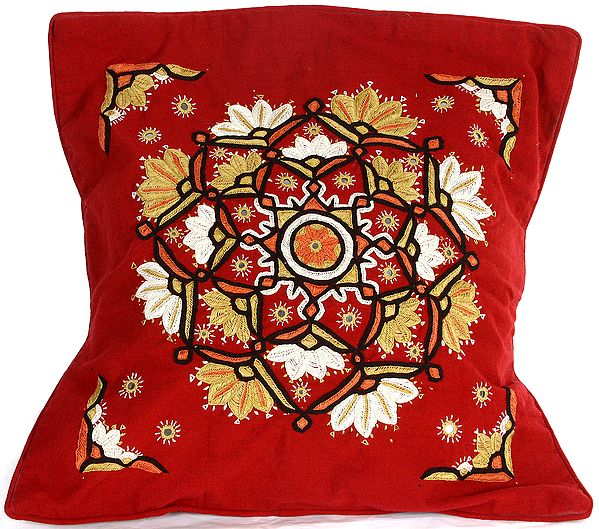 Maroon Hand-Embroidered Paako Cushion Cover from Kutch with Mirrors