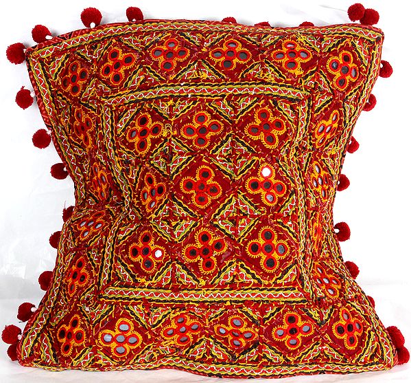 Maroon Cushion Cover from Kutch with Heavy-Embroidery and Mirrors