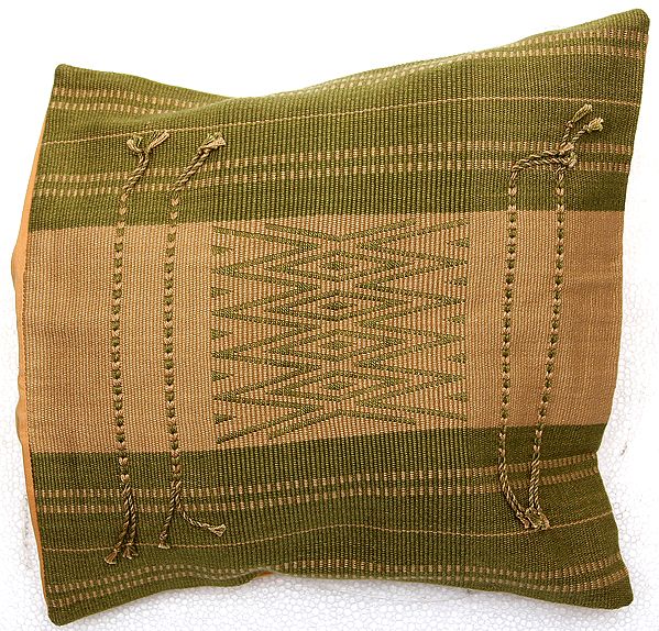 Beige and Green Hand-woven Cushion Cover from Nagaland with Tribal Motifs